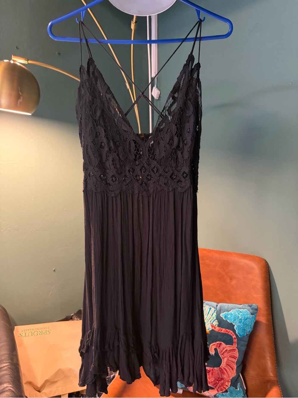 Free People Black Lace & Crinkle Knit Spaghetti-Strap Chemise